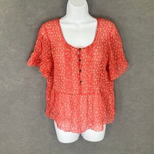 J. Crew‎ Silk Floral Blouse Women's Sz M Coral Yellow Ruffle Sleeve Lightweight